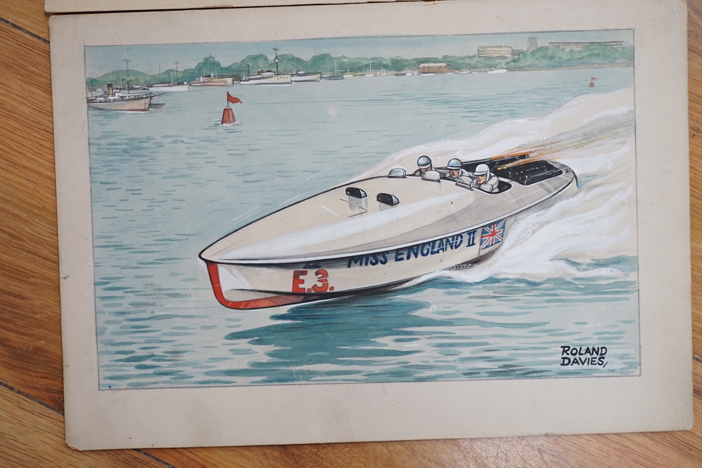 Roland Davies (1904-1993), three original watercolours for postcard designs, speed record holders, ‘Schneider Trophy Plane’, ‘Miss England Speedboat’ & ‘Bluebird’, each signed, unframed, 20 x 31cm. Condition - fair to go
